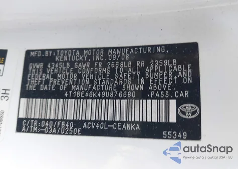 2009 Toyota Camry Le z USA, uszkodzony, nr VIN 4T1BE46K49U876680